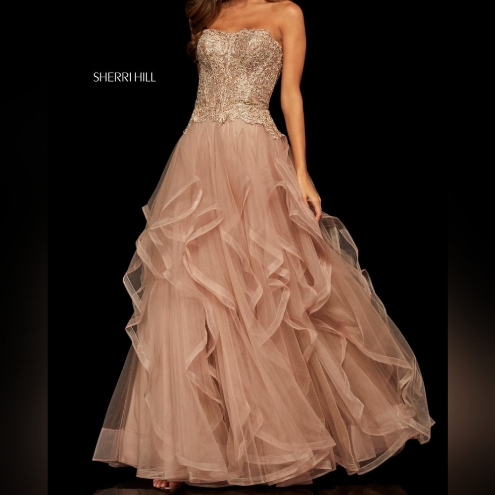 12 Sherri Hill 52504 Strapless Tulle Pickup Ruffle Gown Metallic Lace & Rosettes